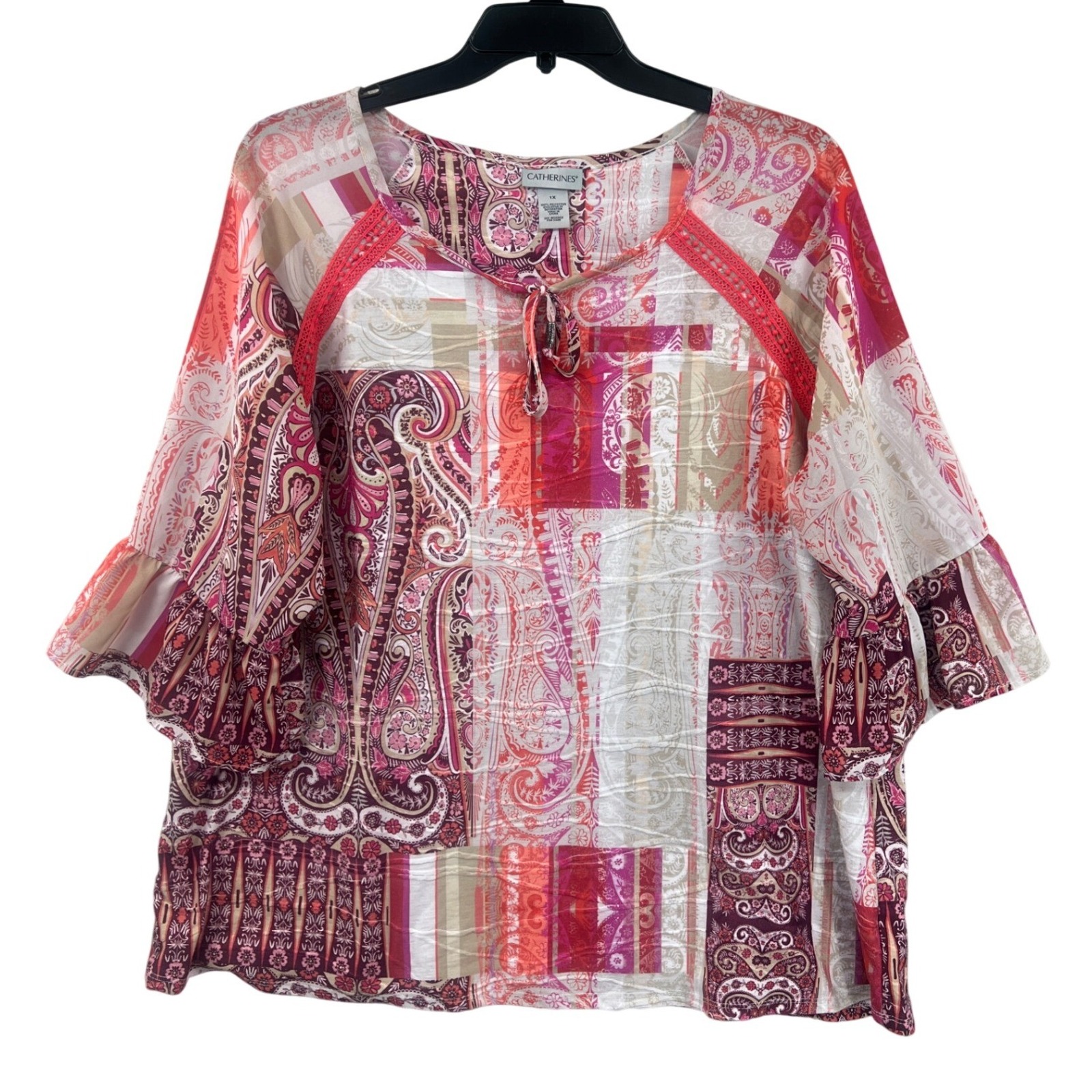 Catherines Tie Neck Blouse Womens 1x Pink Paisley Patchwork Bell Sleeve Boho